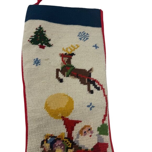 Vintage Embroidered Wool Christmas Stocking Santa Chimney Reindeer Moon - Picture 3 of 6